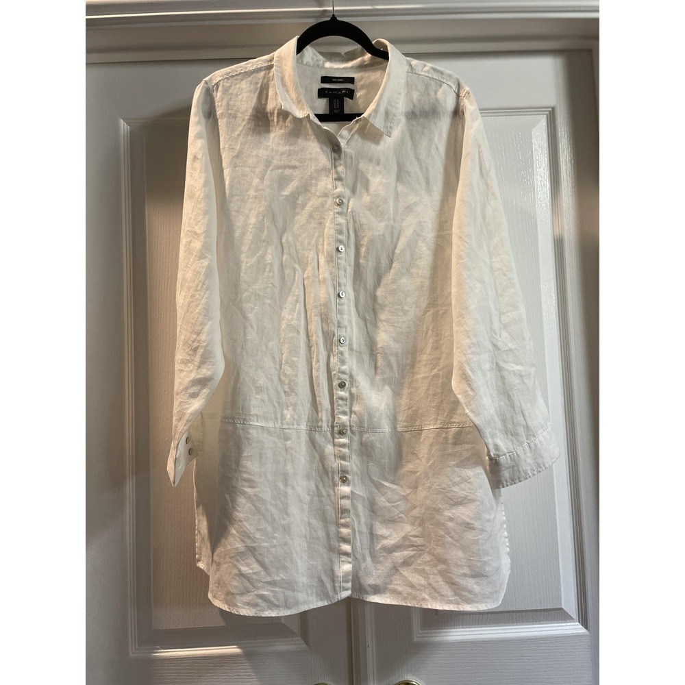 Tahari Button Up Shirt Womens 1X White 100% Linen Long Sleeve Tunic Top Collared